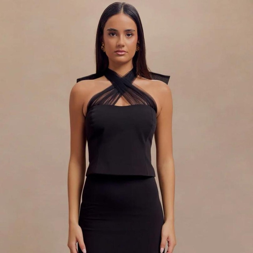 Meshki Black Halter Top with Sheer and Bow Detail